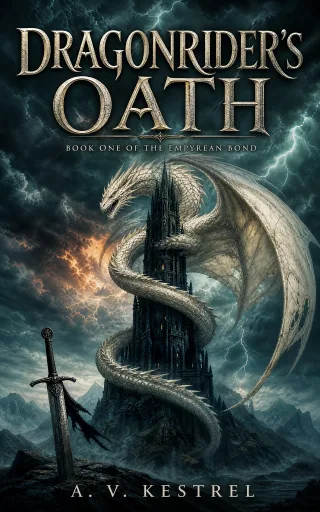 Dragonrider’s Oath — First direction. A bone-white dragon coiled around a black spired tower under a teal storm sky, a sword planted in the rocks below.